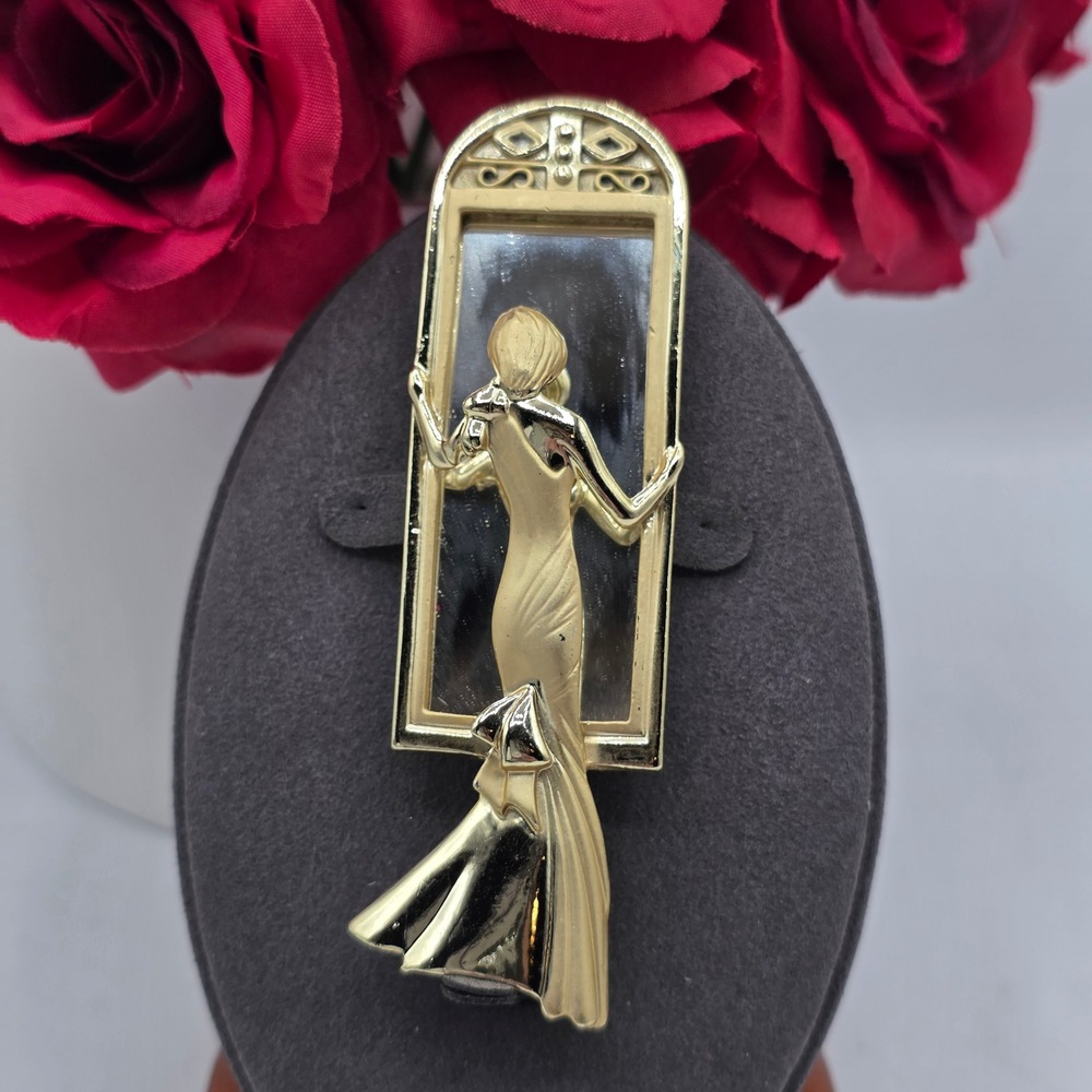 AJC Vintage Gold Tone Woman in Mirror Brooch Art Deco Figural Pin 3.5" Signed
